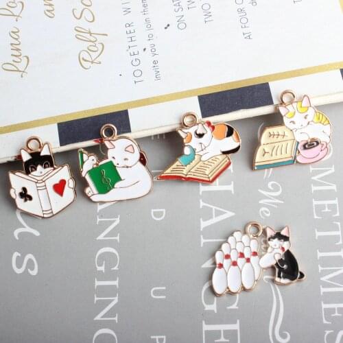 Cute Colorful Enamel Alloy Charms 10pcs/Lot Gold Color Plated Metal Necklace Earring Pendants Kawaii animal Cat Charm Ornaments