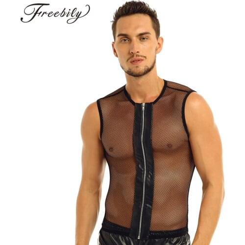 New Mesh Sleeveless See Through Fishnet Front Zipper Muscle Men T-Shirt Tops Male Funny tops Fashion Mens Sexy Clubwear Tees