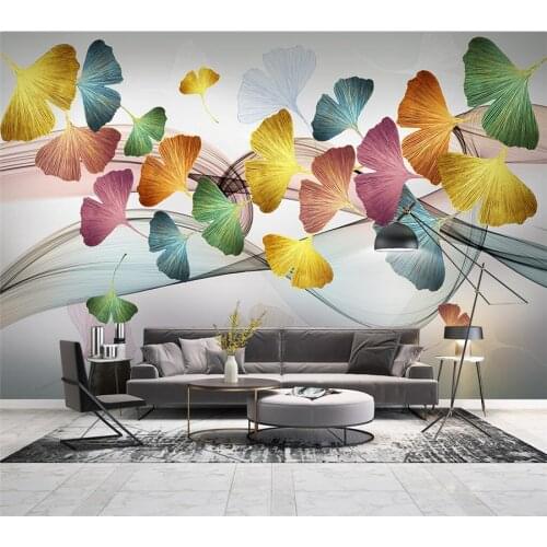 Custom small fresh 3d light luxury Nordic modern minimalist mural hand-painted ginkgo leaf abstract line background wallpapers