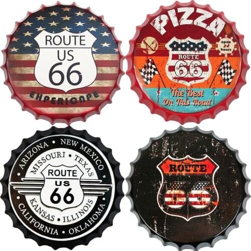 Route 66 Vintage Beer Bottle Cap Retro Plaque Wall Decor Metal Tin Signs Poster Room Bar Wall Decoration 35cm Round Metal Poster