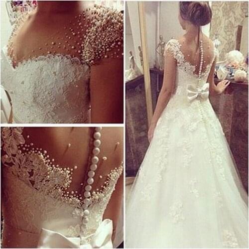 Cap Sleeves Full Pearls Wedding Dress With Nice Back Customer Order Real Pictures