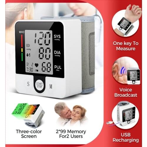 Wrist Blood Pressure Monitor Digital Sphygmomanometer English Voice USB Rechargeable 2 User Memory 3 Backlight Remind