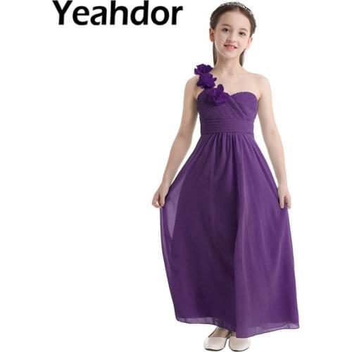 Kids Girls Chiffon One-shoulder Ruched Pleated Flower Girl Dresses Pageant Wedding Party Formal Dress Kids Princess Vestidos