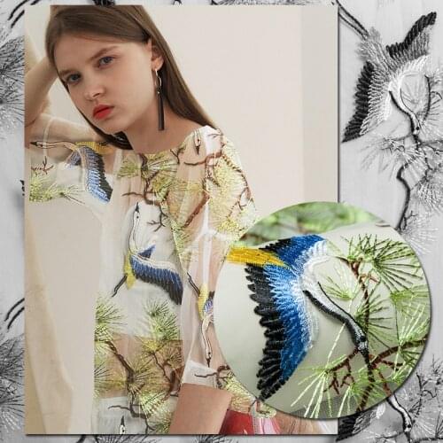 Chinese style birds/crane and pine trees pattern embroidery sheer mesh fabric,sewing for dress,skirt,wedding,craft by the yard