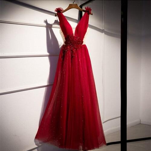 Deep V-Neck Evening Dress Robe De Soiree Burgundy Tulle With Appliques Beading Evening Dresses Long Dress 2020 Vestido De Festa