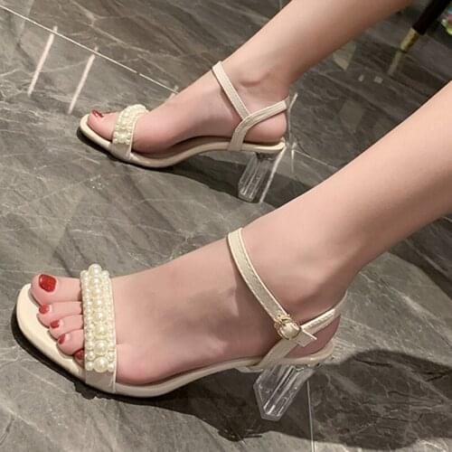 Womens Sandals Fashion High Heels 2.75 Inches Beautiful Pearls Shoes（Size 34-40