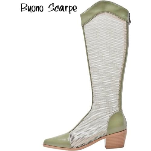 Leather Mesh Women Knee High Boots Chunky Heel Summer Boots Embroider Flowers Chaussures Pointed Toe Long Botas Mujer Party Heel