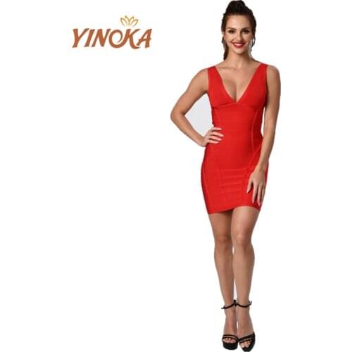 Yinoka Sexy bandage dress bodycon red pink yellow green women fashion skinny midi party club night sleeveless v neck celebrity