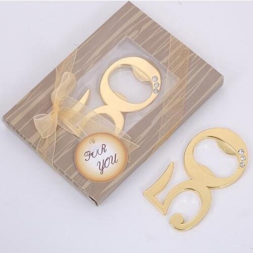 100pcs Golden Wedding Party Giveaway Gold 50 Metal Bottle Opener 50th Anniversary Birthday Souvenir For Guest Wedding SN1241