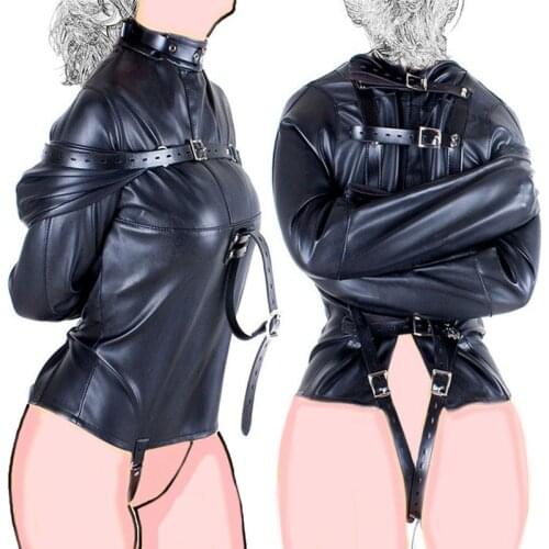 BDSM Leather Restraint Arm Binder Straitjacket With Crotch Strap ,Slave Binding Straight Jacket Exotic Costume Sex Toy For Women