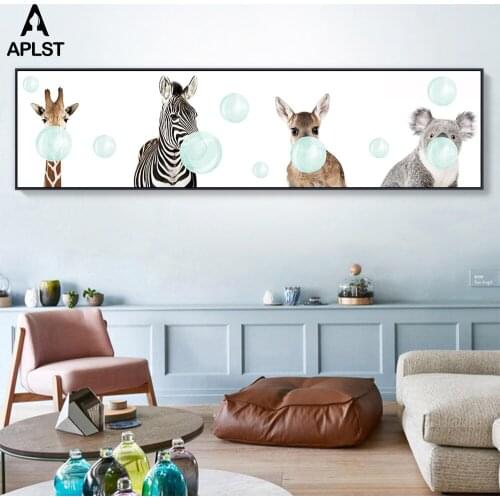 Large Baby Nursery Decor Animal Blue Bubble Wall Art Prints Cute Home Decor Giraffe Koala Canvas Painting Poster for Kids Room