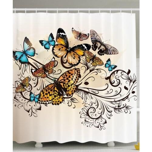 Butterfly Decor Shower Curtain by Monarch Butterflies Vintage and Damask Ombre Background Pattern Polyester Fabric Bathroom Set