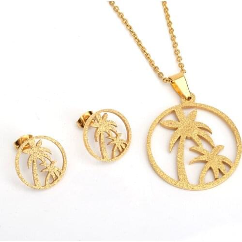 FairLadyHood Stainless Steel Women Jewelry Sets Coconut Tree Earrings & Necklace Gold Necklace For Friend Gifts