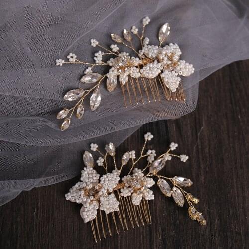 2 Pcs Pearl Crystal Bridal Hair Combs Wedding Hair Accessories Women Bride Hair Comb Jewelry Golden Headpiece Party Hairpin Gift