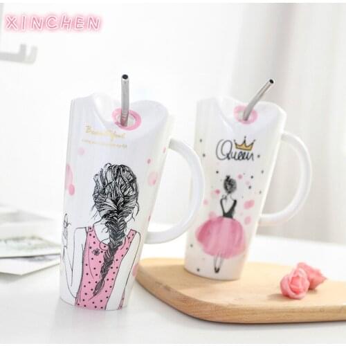 XINCHEN Cute Girl Ceramic Cup 450ml Porcelain Coffee Mug with Straw Women Home Milk Tea Juice Cups Birthday Gift