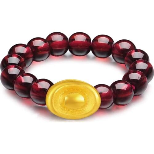 Real 999 24K Yellow Gold Ring Women 3D Luck Bless Yuanbao with Garnet Beads Ring Gold 0.2-0.4g