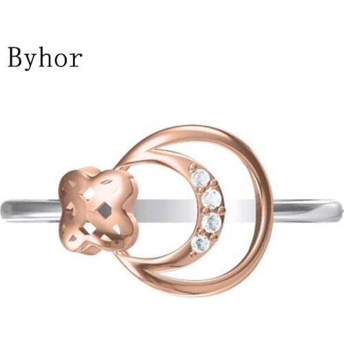 Byhor Solid 14K White+Rose Gold 0.03ct H/SI Natural Diamonds Fine Jewelry Trendy Wedding ring Diamond Bull nose кольца Women