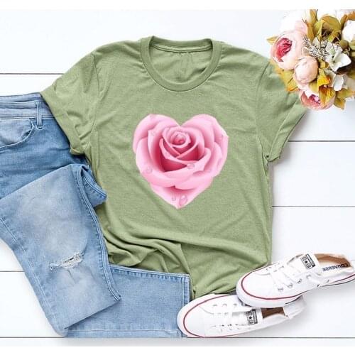 Summer Women T Shirt S-5XL Plus Size Cotton Graphic Flower Rose Print Short Sleeve Women Tees Top Casual O-Neck Female TShirt