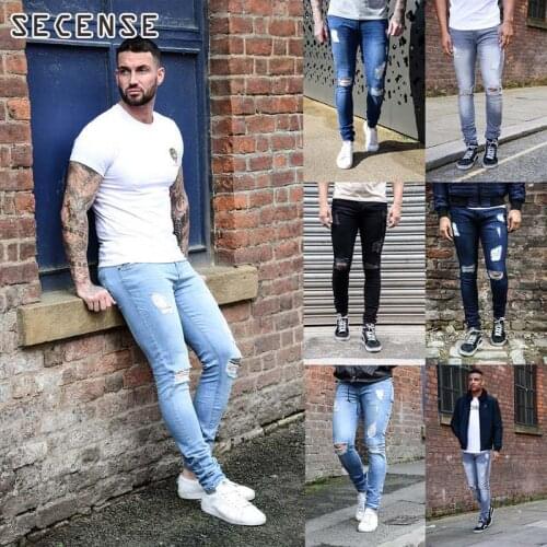 Men Jeans Ripped Skinny Biker Jeans Destroyed Frayed Slim Fit Denim Jeans S-3XL Slim Outwear For Men Outwear SECENSE