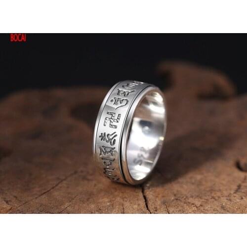 Real 925 sterling silver fashion jewelry mens personality six-character mantra turning ring vintage Thai silver ring