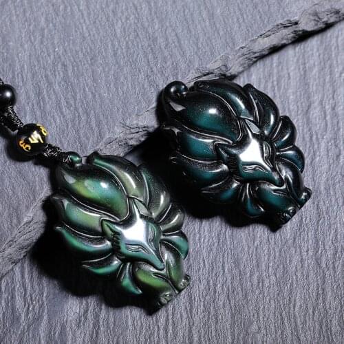 Natural gold meteorite rainbow obsidian nine-tailed fox pendant for men women gold obsidian pendant Necklace