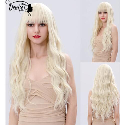 Long Blonde Wave Colored Daily Hair Synthetic Wigs With Bangs For White Women Natural Cosplay Female Heat Resistant Fiber Wig