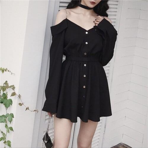 Ruibbit New Spring Autumn Gothic Girls Dresses Hollow Out V Collar Sexy Women Sling Dress Long Sleeve A Line Black Punk Dress