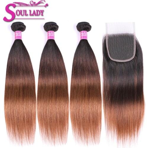 Soul Lady Peruvian Straight Hair Ombre Bundles With Closure 3 Tone Color 1b/4/30 Remy 100% Ombre Human Hair Bundles With Closure