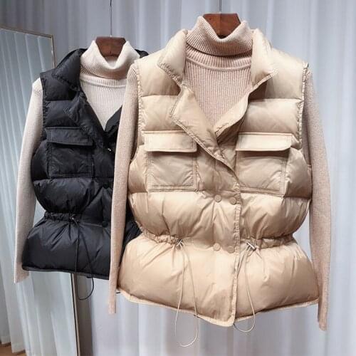 New Ultra Light Down Vest Autumn Winter Warm Female Waistcoat Short Sleeveless Duck Filling Drawstring Windproof Puffer Gliet