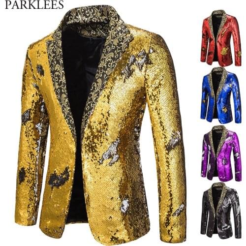 Luxury Gold Sequin Blazer Men Cool Glitter Mens Dress Suit Jacket Nightclub Wedding Party Stage Singer Prom Costume Masculino