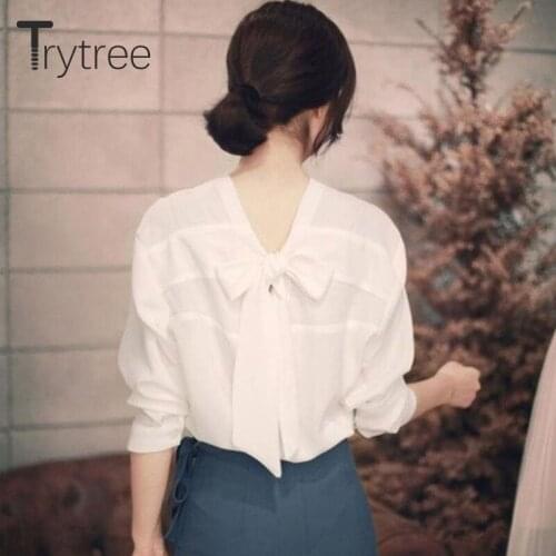 Trytree 2020 Spring Autumn Casual Blouse Women Bow V-Neck Pros and cons 2 ways to Wear Womens Shirts Office Lady Tops for Women