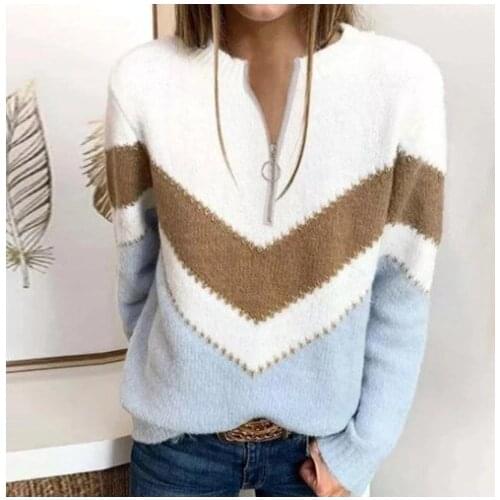 Patchwork Spring Sweater Ladies Knitted Sweater Women Zipper Full Sleeve Jumper Pullovers Top 2021