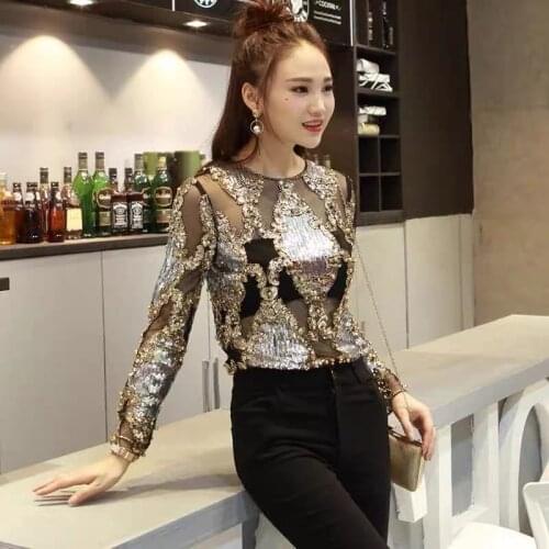 Vintage Women One Size Bead Flower Straight O-neck Long Sleeve Black Sequined Rivet Lace Pullover T-shirt 4967