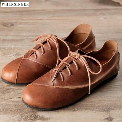 Whensinger - Women Flat Shoes loafers Genuine Leather Casual Comfortable Tie Flats Shoe Black, brown