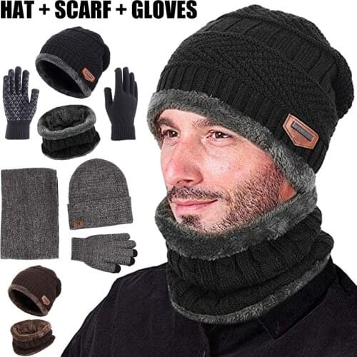 Unisex Beanies Hat Ring Scarf Gloves Set Winter Knitted Thick Warm Cap Women Men Solid Retro Beanie Hat Soft Touch Screen Gloves