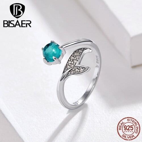 BISAER Mermaid Ring 925 Sterling Silver Ocean Mermaids Story Tail Adjustable Finger Rings for Women Cubic Zircon Jewelry ECR515