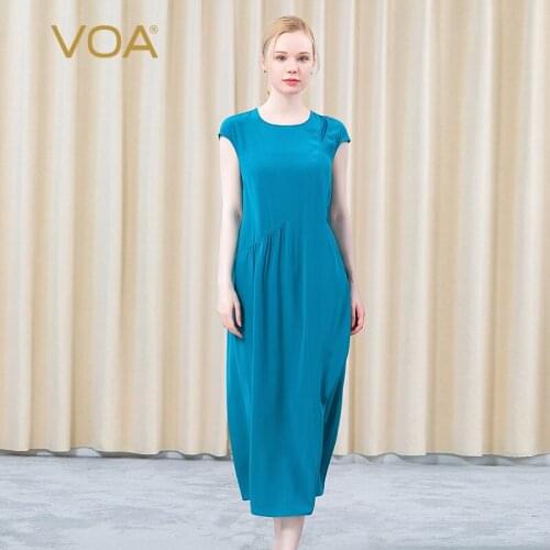 VOA Silk Crepe De Chine Round Neck Sleeveless Turquoise Blue One Button Fold Asymmetric Casual Loose Simple Dress Women AE821