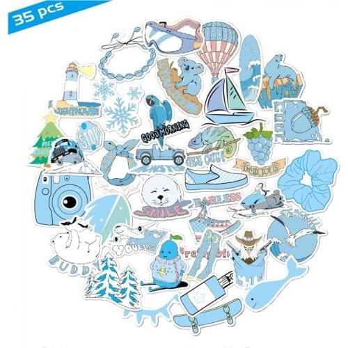35 PCS Blue Trendy Sticker Cute VSCO Cartoon Decals Stickers to DIY Computer Skateboard Luggage Laptop Fridge Bicycle Car