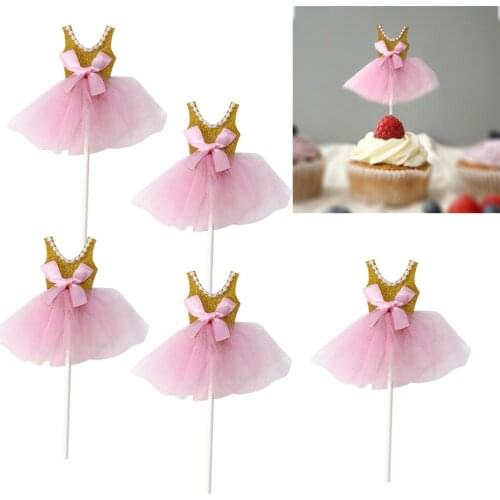 5Pcs Glitter Princess Tutus Dress Cake Toppers Ballerina Skirt Cupcake Picks for Girls Birthday Theme Party Decoration(Golden)