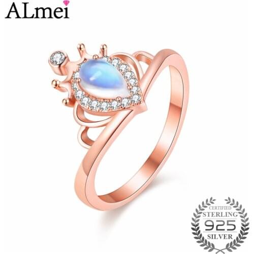 Almei Natural Teardrop Moonstone Wedding Ring Handmade Rose Gold Color Blue Strong Bright Ring Jewelry for Women with BoxCJ032