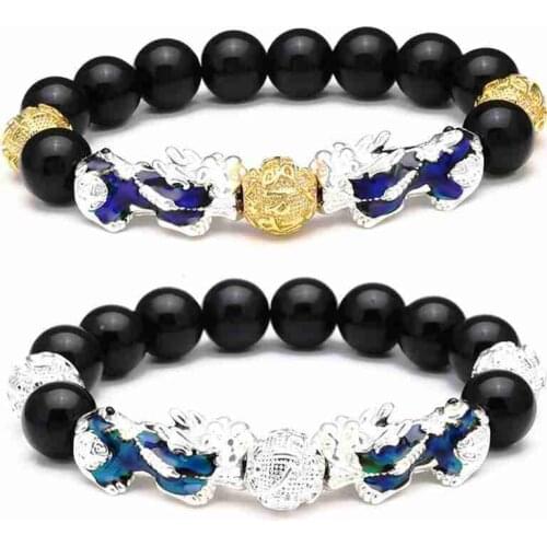 Natural Stone Feng Shui Black Obsidian Beads Bracelet Silver Color Changing Pixiu Wealth Lucky Amulet Jewelry