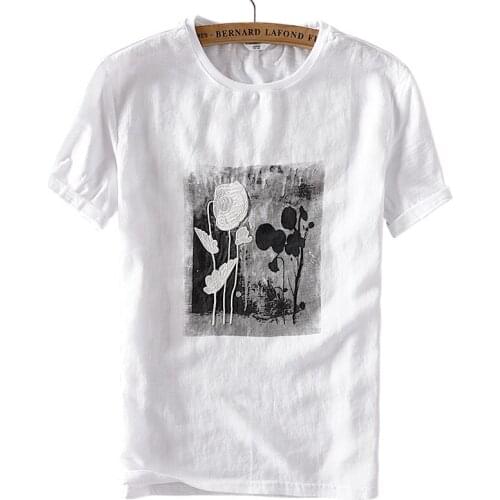 French style classical-modern-beauty linen t shirt men summer white t-shirt mens O-neck breathable flax tshirt male camiseta