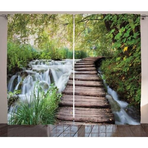 Landscape Curtains Wooden Stairs and Streaming Falls Satin Fabric Drapes for Living Room Bedroom 2 Panel Window Set