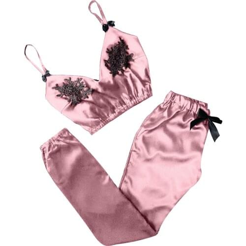 Hot Selling Sexy Women Pajamas Lace 2 Piece Sets V-Neck Eyelash Lace Sexy Stain Camisole Pajamas Bowknot Suspender Pants Suit