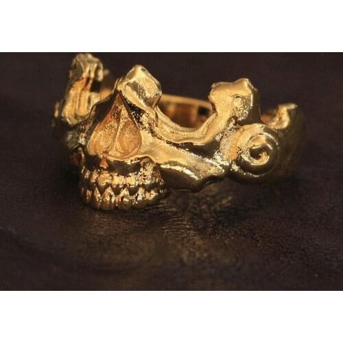 LINSION Half Skull Face Ring Gold Plated Brass Mens Biker Rock Punk Jewelry GP275 US Size 7~15