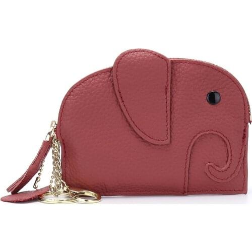 Top Layer Cow Leather Girl Small Handbag Wallet 1 Card Slot Key Ring Versatile Lady Lovely Mini Elephant Animal Coins Purses