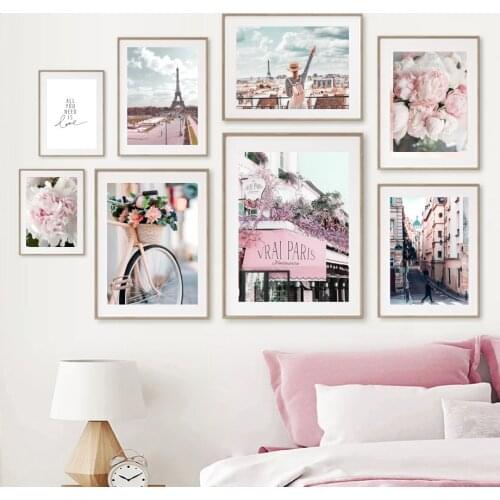 Peony Cherry Blossoms Paris Tower Street Wall Art Canvas Painting Nordic Posters And Prints Wall Pictures For Living Room Decor