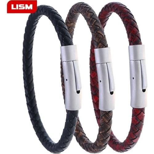 New Classic Style Men Leather Bracelet Simple Black Stainless Steel Button Neutral Accessories Hand-woven Jewelry Gifts