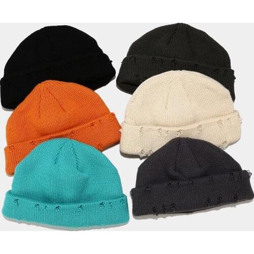 Hole Solid Color Knitting Crimping Hip Hop Men Beanie Korean Version Keep Warm Autumn Winter Ski Cap Skull Cap