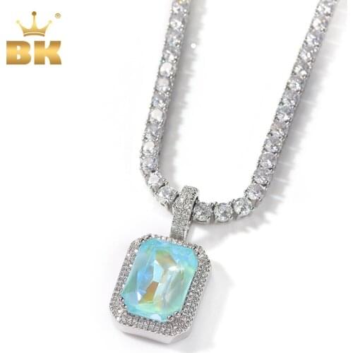 THE BLING KING Iced Cubic Zirconia Gem Necklace Pendant Pink/Blue/Green/Red Square Gem Pendant Necklace For Men & Women Jewelry